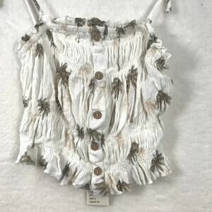 Ocean Drive Tank‎ Top Small Cream Crop Smocked Palm Trees Coastal Cowgirl Y2K